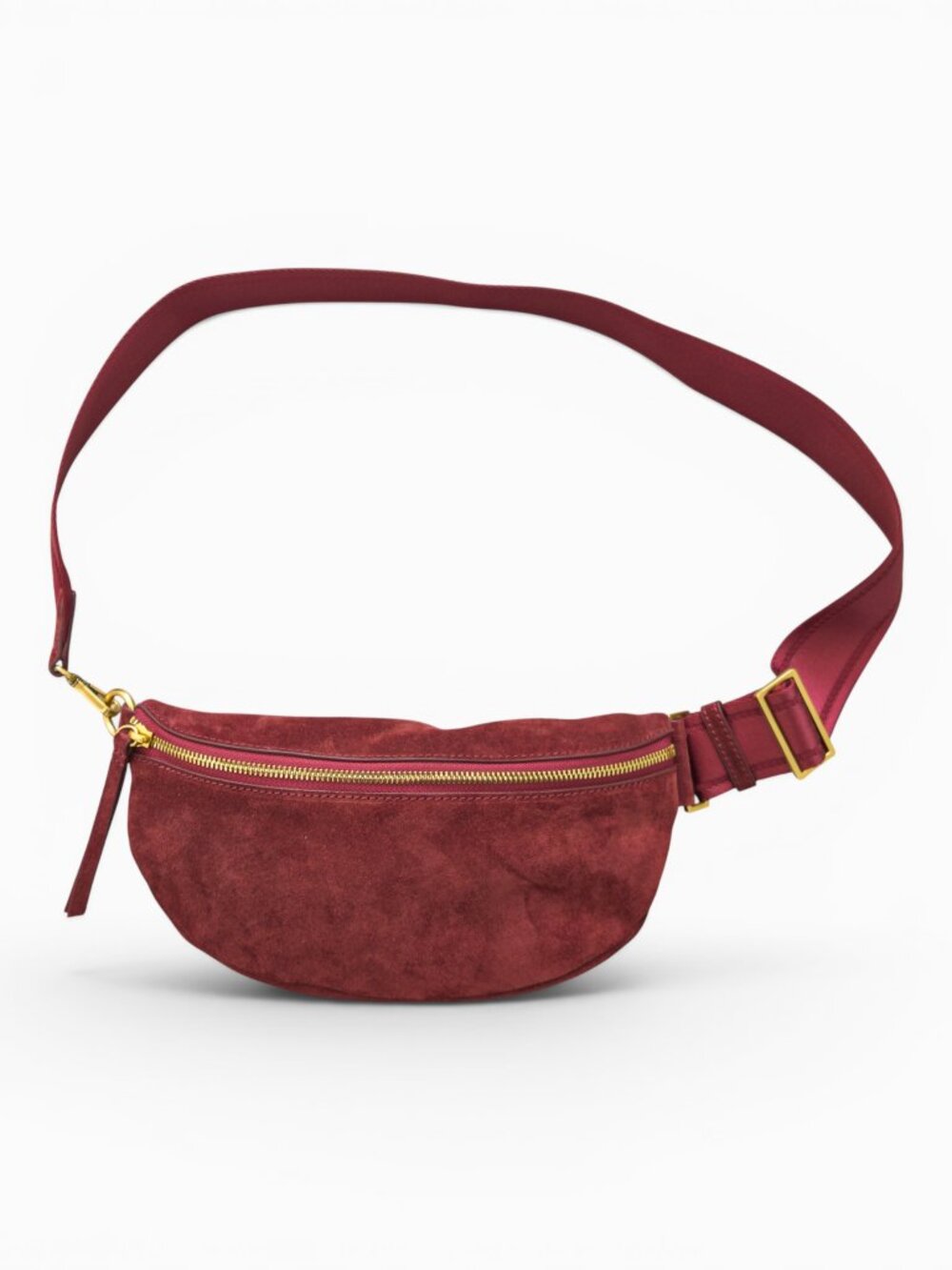 Quince Italian Suede Sling Bag in Merlot, Gold Hardware